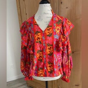 FARM Rio Red Spring Bananas Ruffle Cotton Blouse